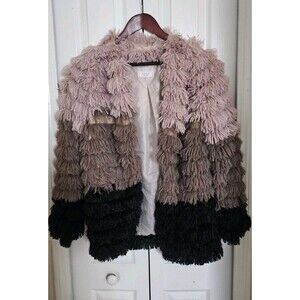 Anthropologie Sage Colorblocked Fringe Faux-Fur Multi-Color Coat Women's Size M.